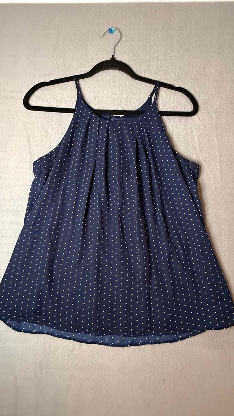 DNA Couture Navy Blue White Polka Dot Halter Pleated Tank Top M